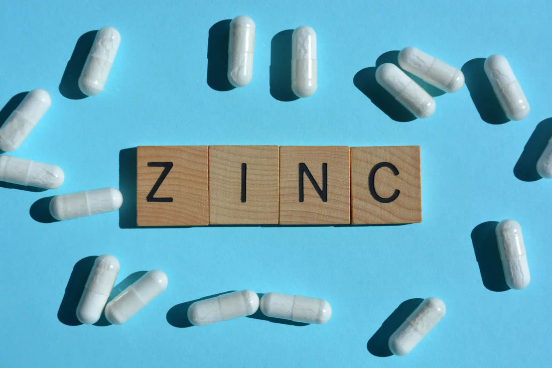 bienfaits du zinc Nutrastream le mot zinc est en lettres de l’alphabet en bois 3D entouré de capsules de pilules de zinc blanc isolées sur bac bleu