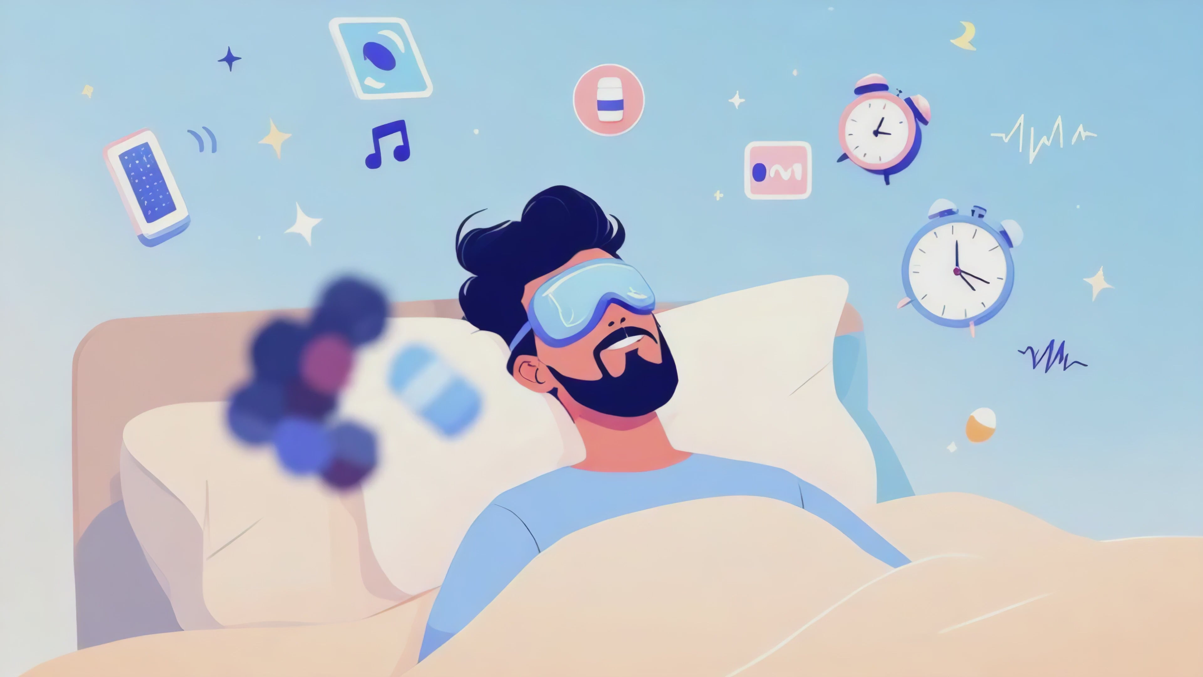 Charger la vidéo : Homme dormant dans son lit avec un bandeau essayant de ne pas penser aux distractions