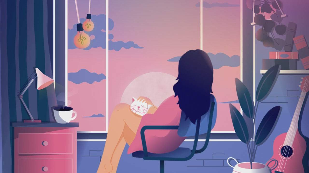 Charger la vidéo : Femme sur une chaise buvant un café calmement avec son chat sur ses genoux